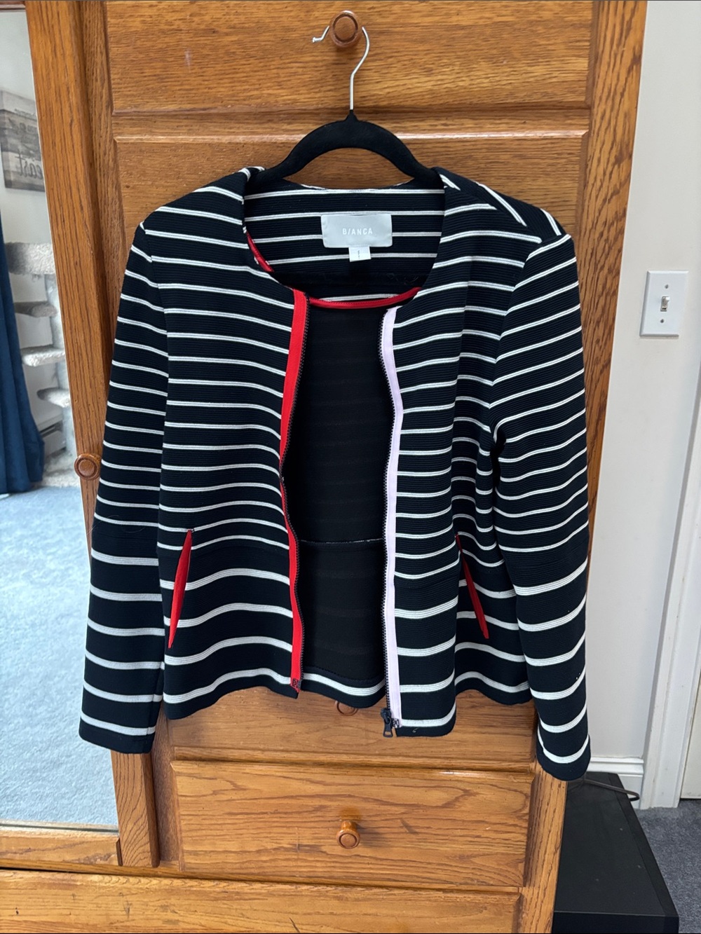 Bianca Black & White Striped Open-Front Blazer lightweight for summer wear